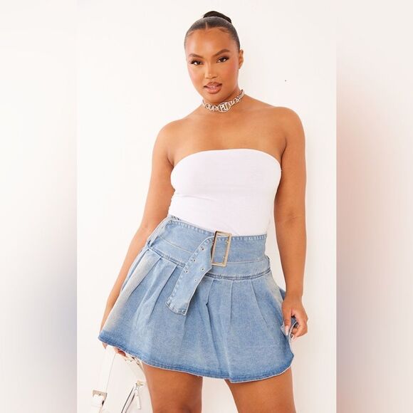 PLUS VINTAGE WASH BELTED DENIM PLEATED MINI SKIRT SIZE 16 NWT - Picture 1 of 9